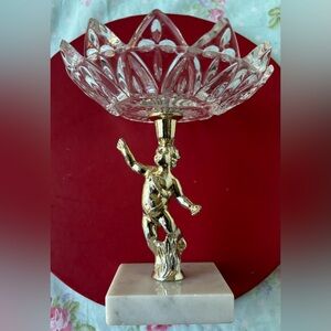 VINTAGE 'Hollywood Regency' Style Petal Cherub Pedestal Candy Dish Marble Base